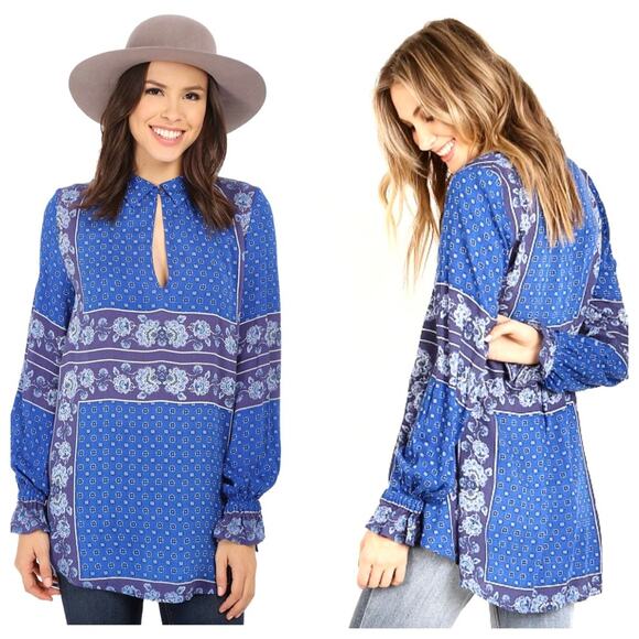 FREE PEOPLE Boho Blue & Purple Floral Tunic Blouse Top - Picture 4 of 16